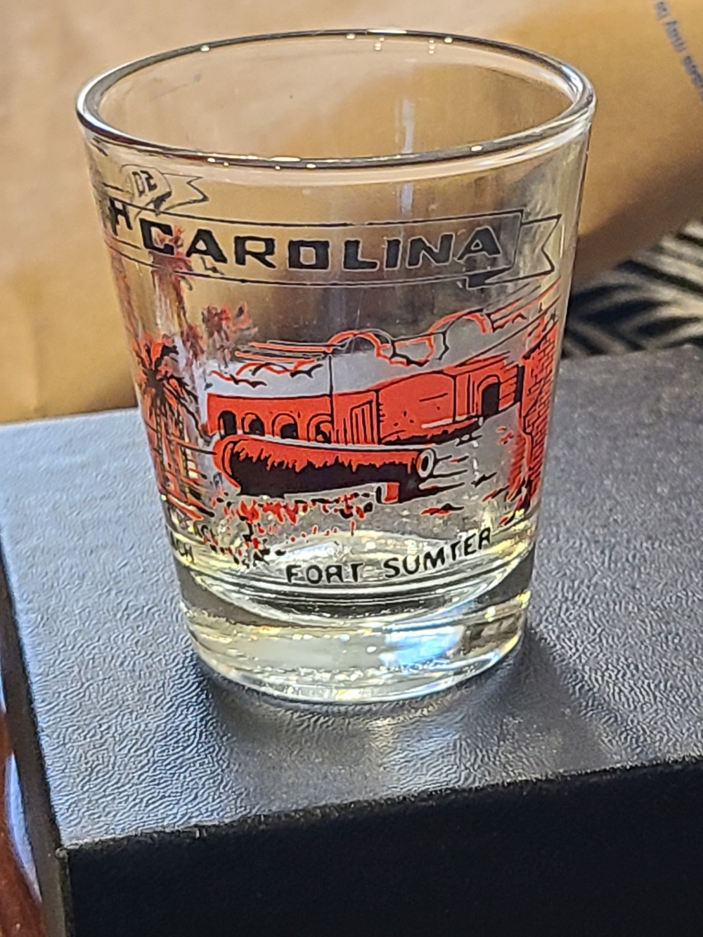 Vintage Fort Sumter Souvenir Shot Glass - Clear with Red and Black Design